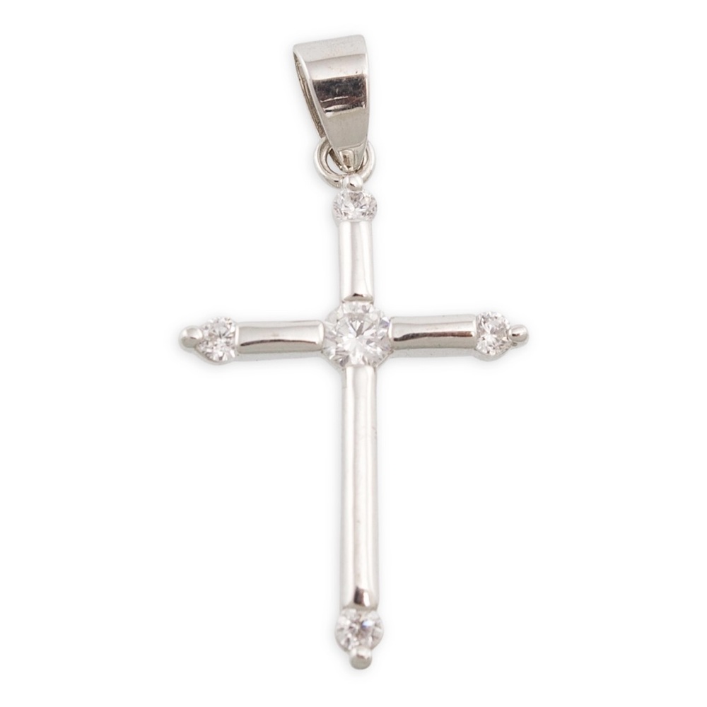 Vintage Cubic Zirconia Cross Necklace Pendant Silver Tone Religious